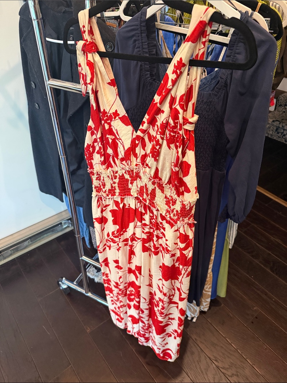 Red & Cream Floral Smocked Midi Dress